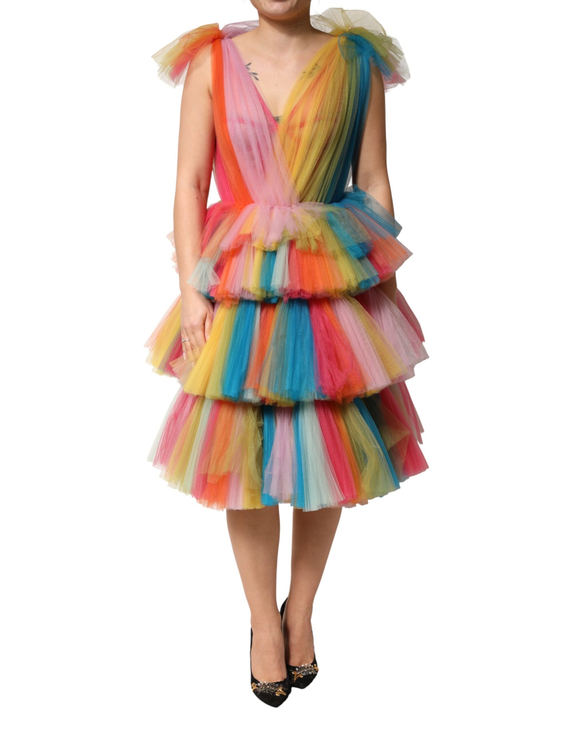 Dolce &amp; Gabbana Multicolor Nylon Tiered Tulle Midi Dress