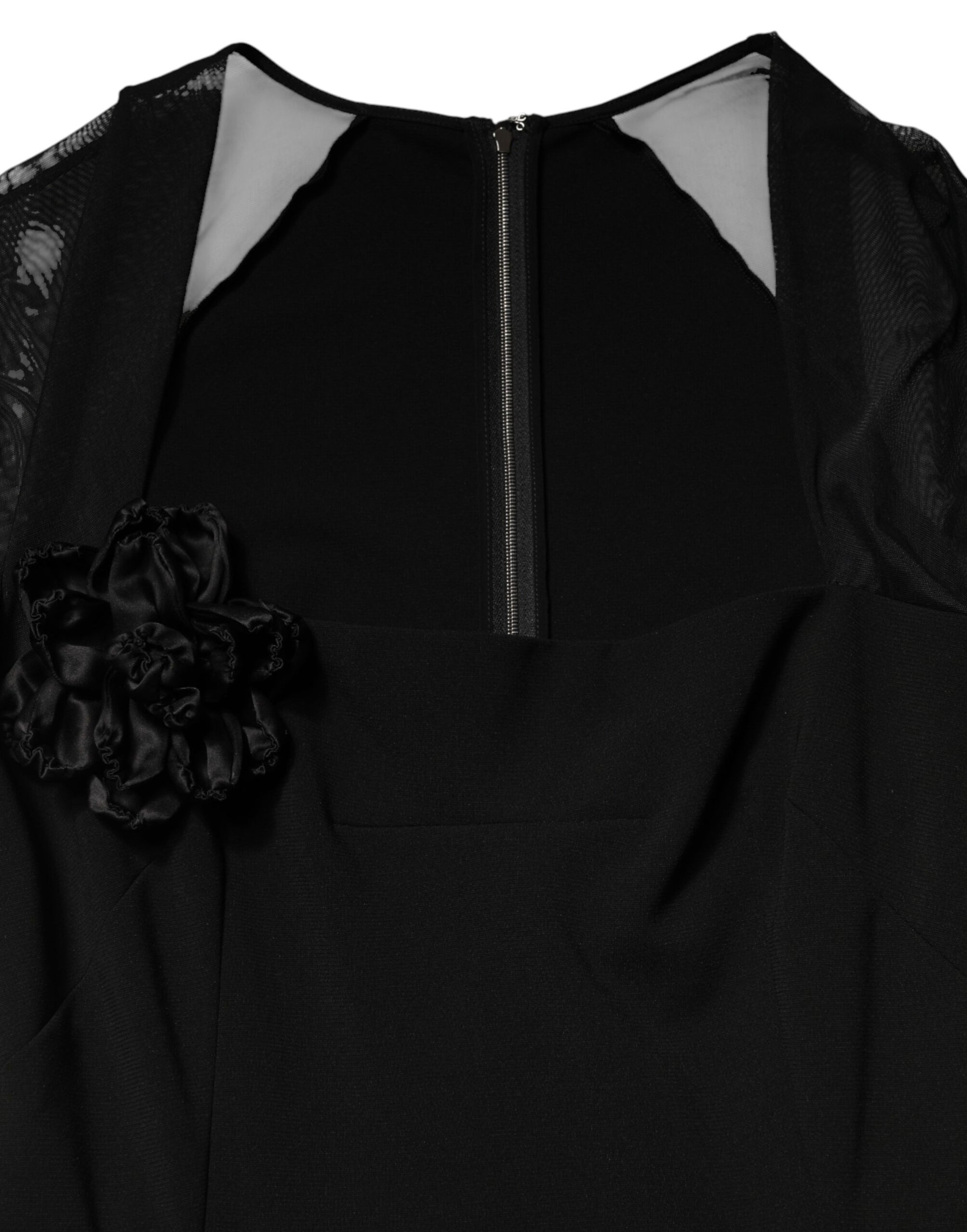 Dolce &amp; Gabbana Black Sheer Yoke Rosette Sheath Midi Dress