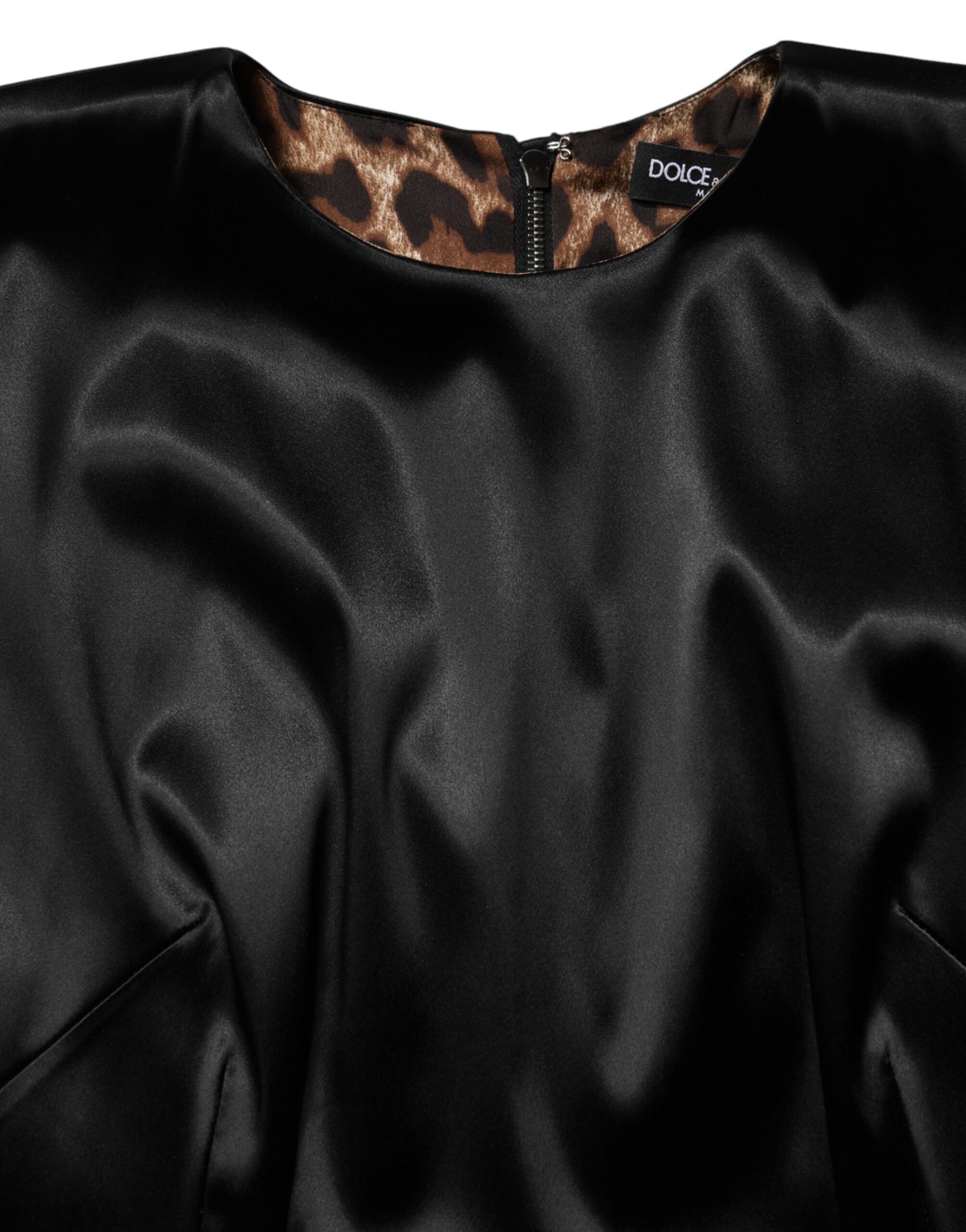 Dolce &amp; Gabbana Black Satin Sheath Midi Cap Sleeves Dress