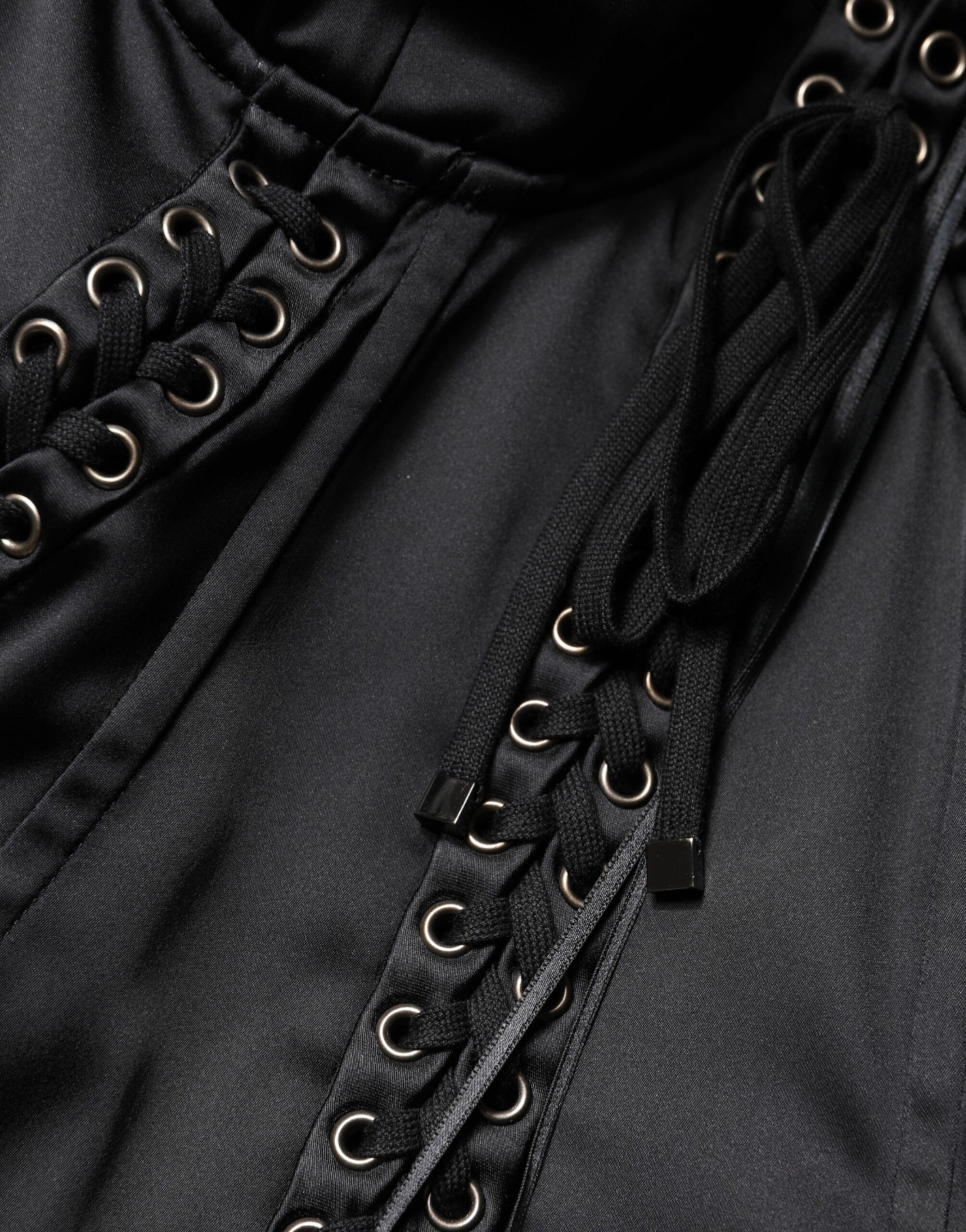Dolce &amp; Gabbana Black Satin Acetate Lace Eyelets Mini Dress