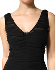 Dolce & Gabbana Black V-Neck Ruched Lace Hem Midi Dress