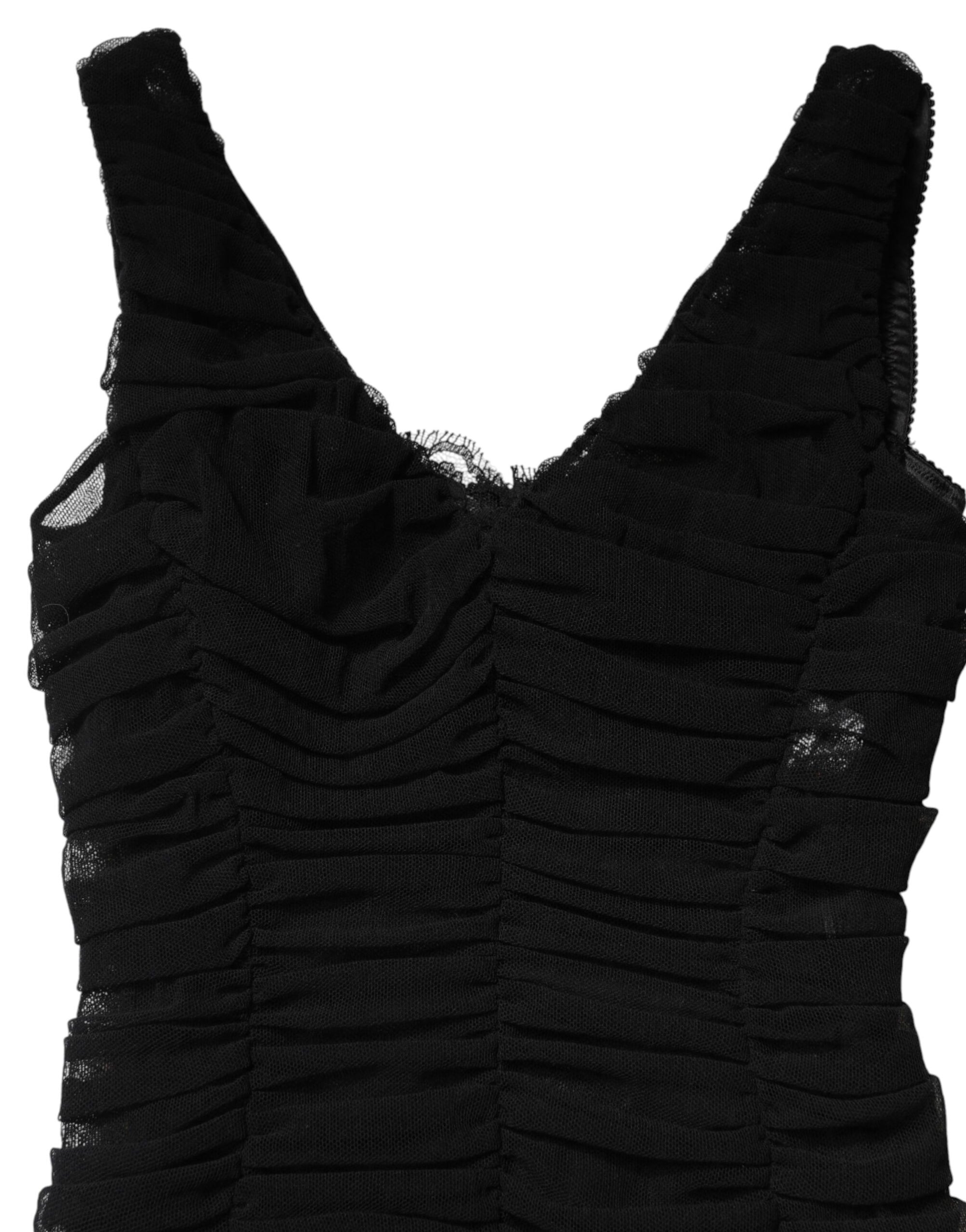 Dolce &amp; Gabbana Black V-Neck Ruched Lace Hem Midi Dress