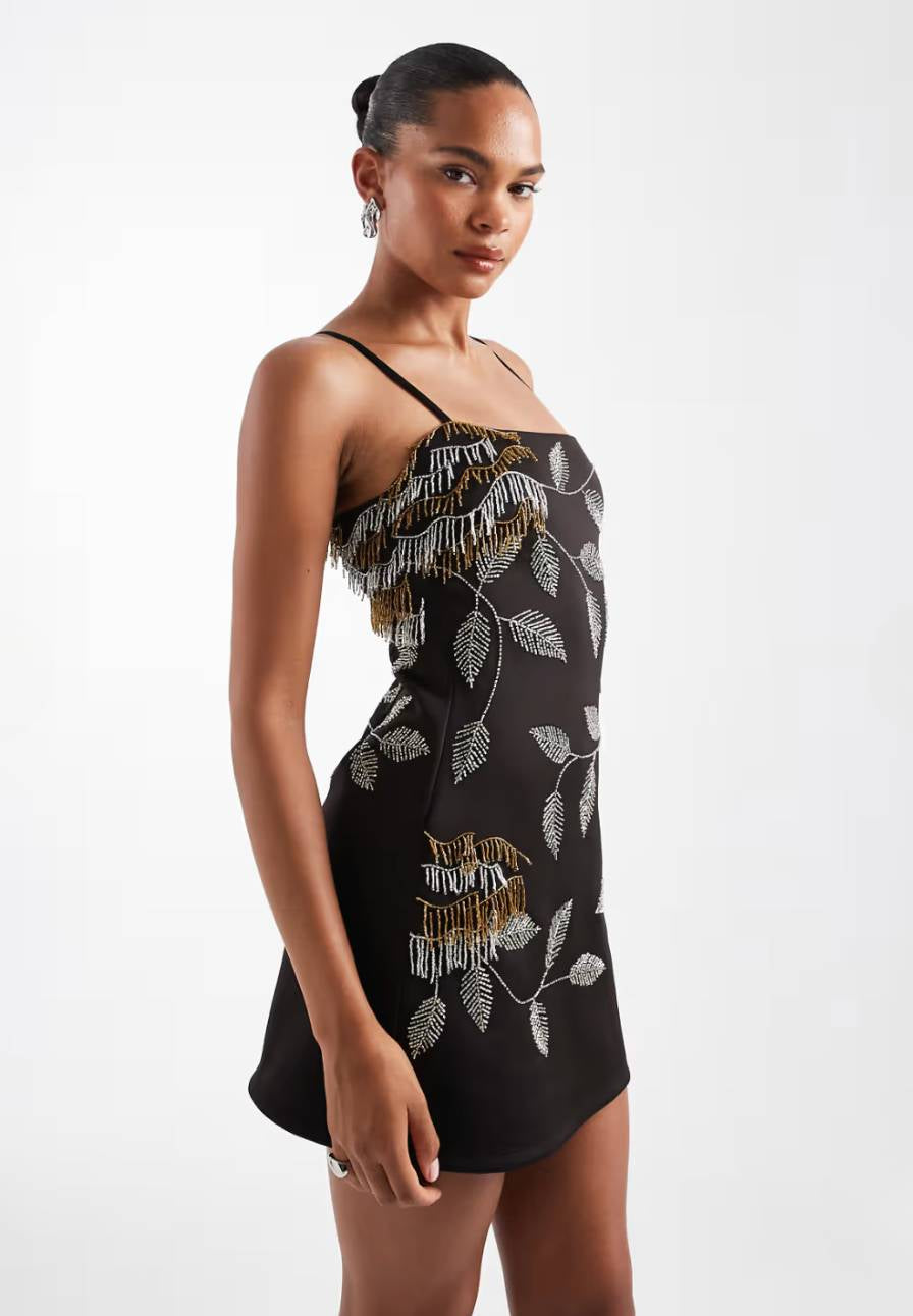 abito corto nero donna con ricami foglia e frange perline