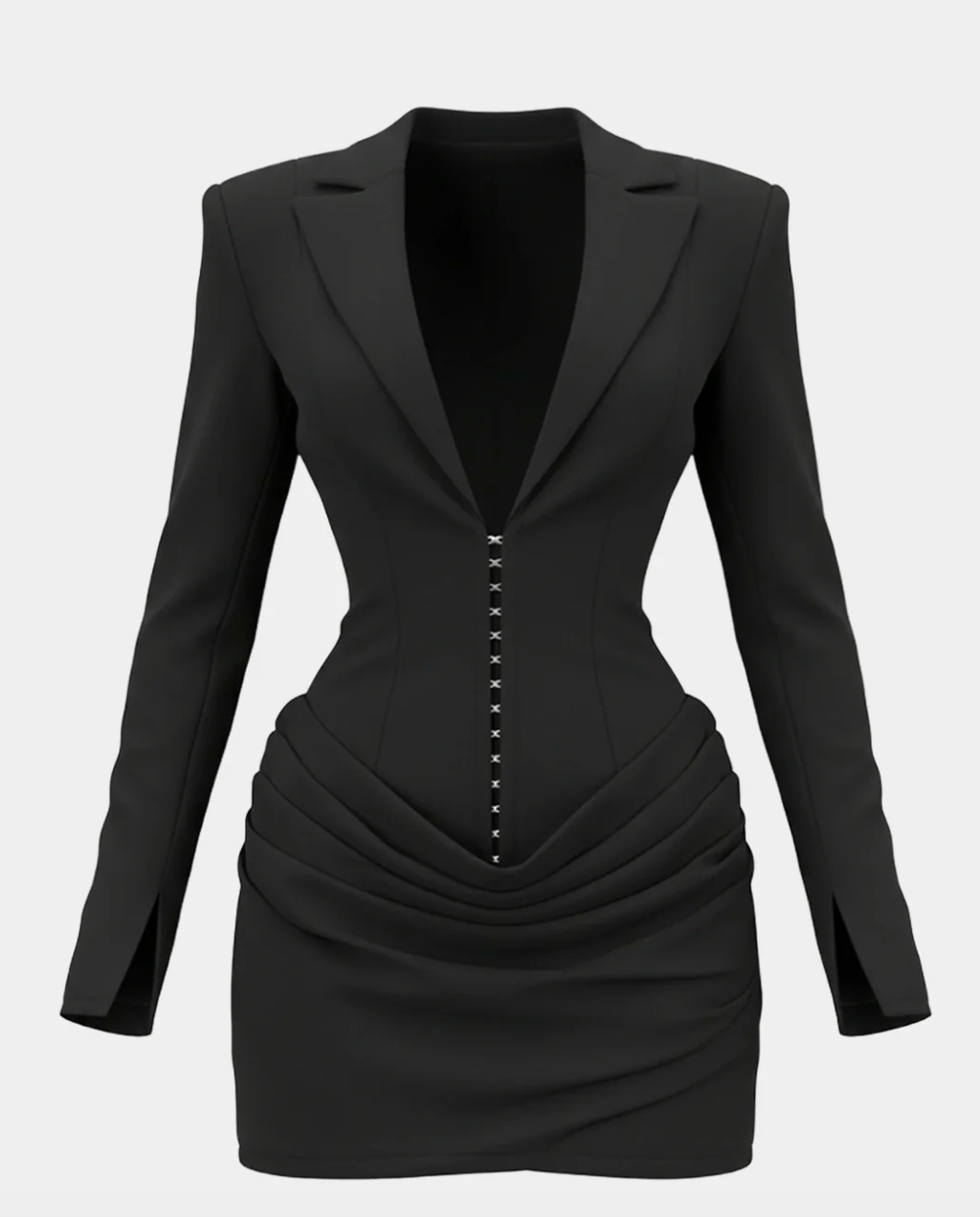 ganci metallici frontali e drappeggio sui fianchi